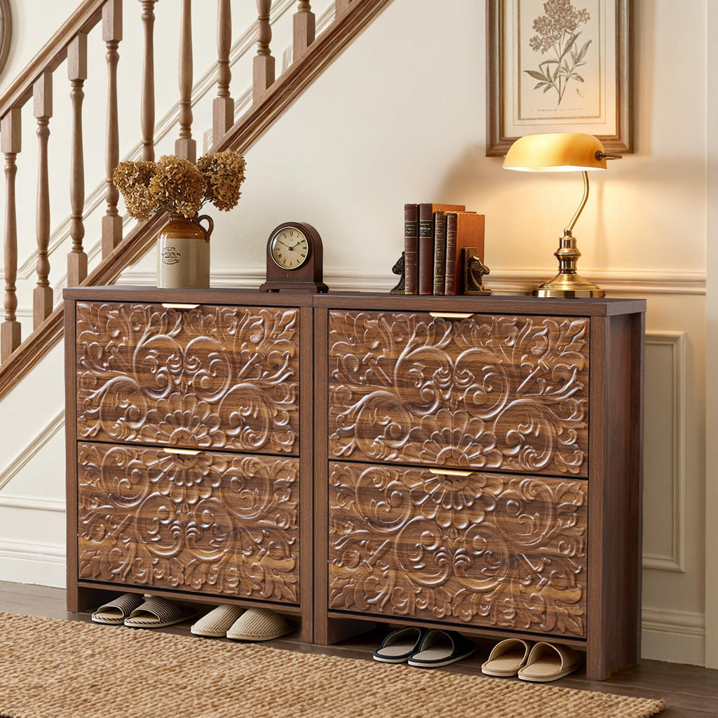 Shoe Cabinet with Flip Drawers, Narrow Shoe Storage Cabinet, 2-Tier Hidden Shoe Organizer with Floral Embossed