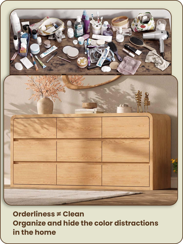 Modern 63" Wide 9 Drawers Dresser with Curved Profile Design, Oak
