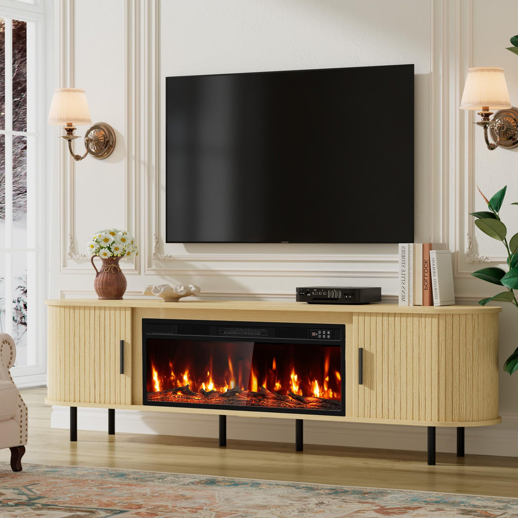 Fluted TV Stand with Fireplace, Modern Entertainment Center for TVs Up to 95 inch, Wood Media Console w/Sliding Door