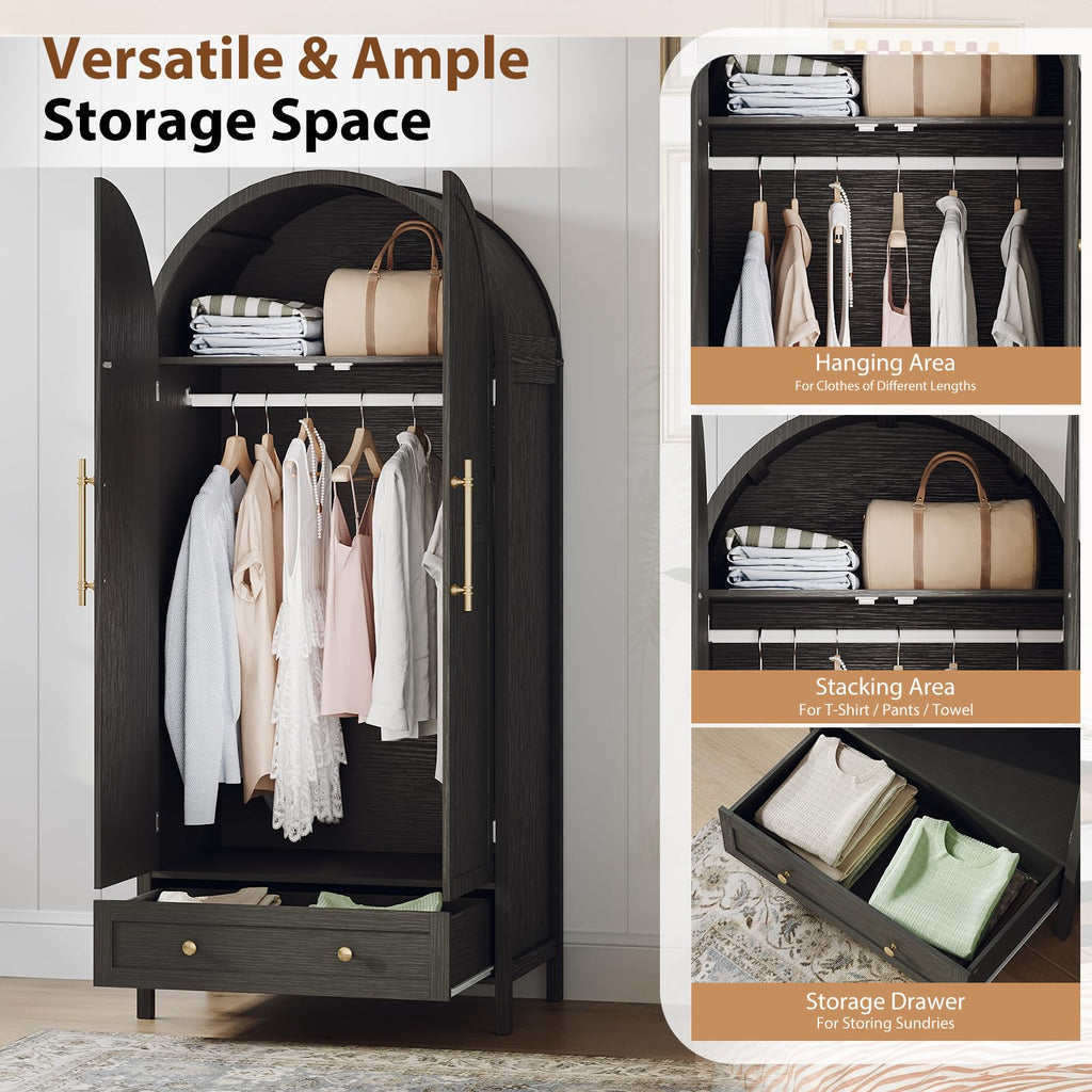 Arched Wardrobe Closet Armoire with Doors and Drawer, Bedroom Armoires Black Wardrobe Cabinet Closet, 19.7" D x 31.5"