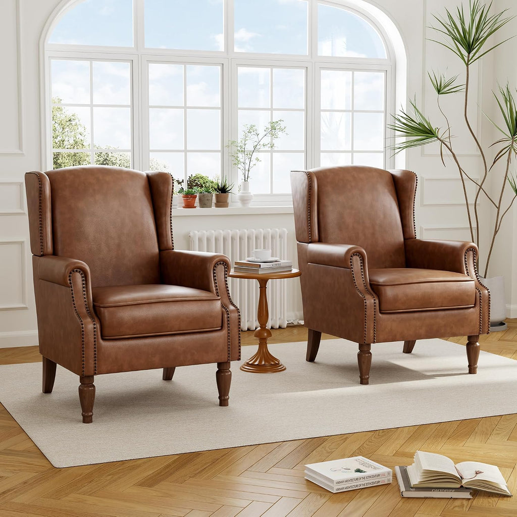 Faux Leather Wingback Accent Chairs with Wood Legs, Brown - Set of 2