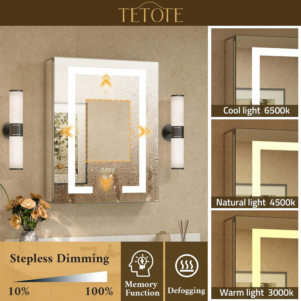 LED Lighted Medicine Cabinet with Lights 30 x 26 Recessed or Surface Mount Cabinet Mirror Wall, 2 Door Tempered Glass