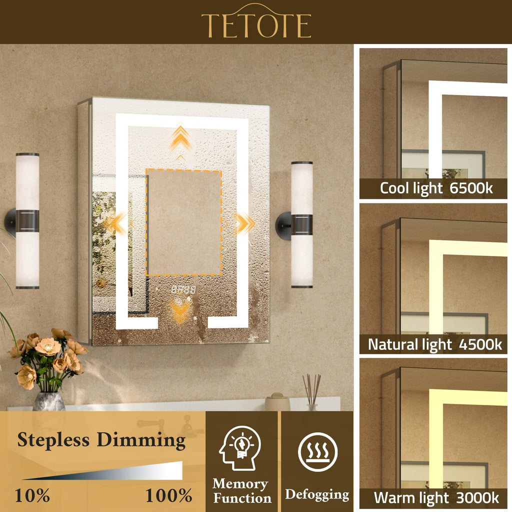 LED Lighted Medicine Cabinet Mirror 20 x 26 Tempered Glass Recessed or Wall Mounted Cabinet with Storage & Outlets &