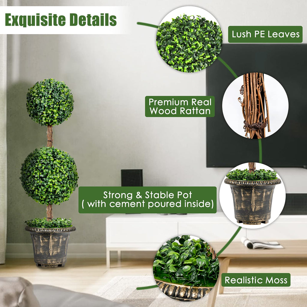 3 Ft Artificial Boxwood Topiary Tree, Fake Greenery Plants Ball Tree, Leaves & Cement-Filled Plastic Flower Pot