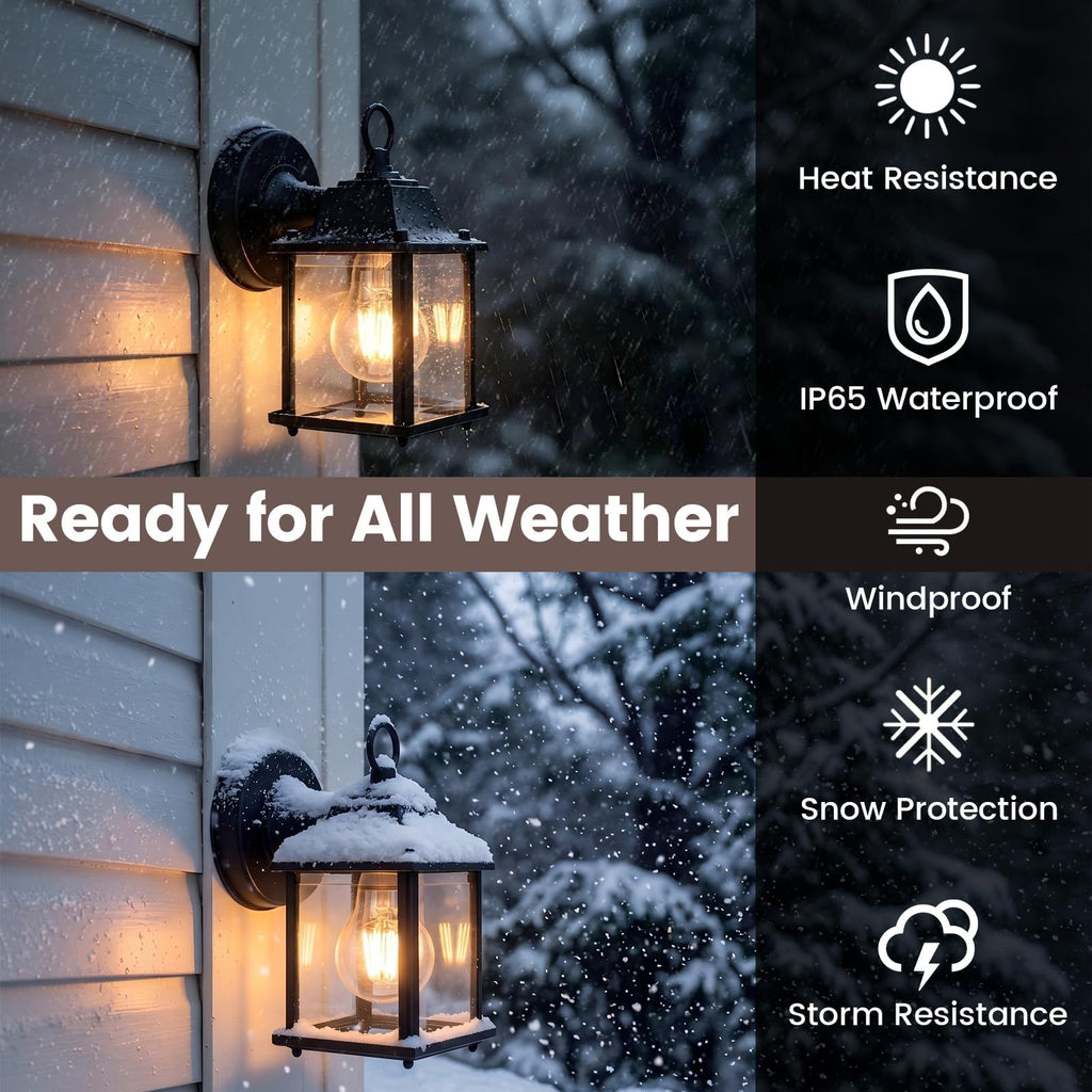 8.2" Outdoor Porch Light E26 Aluminum Glass Black, 2 Pack