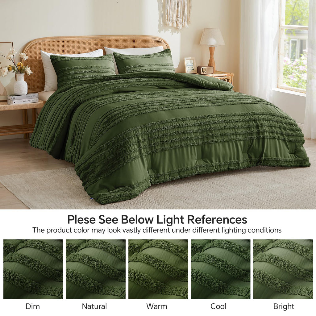 Boho Comforter Set - Tufted Boho Bedding Set, Olive Green