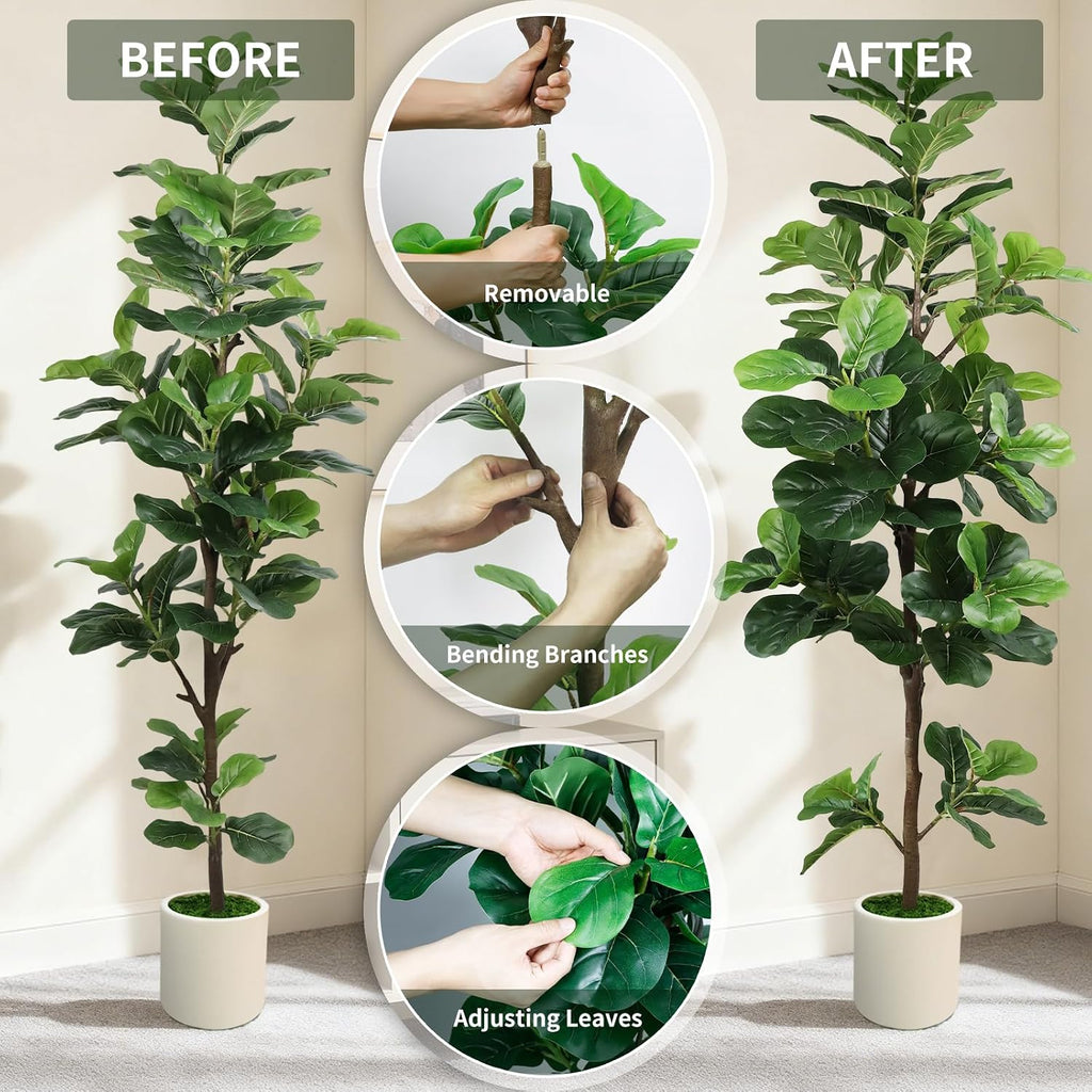 6FT Artificial Fiddle Leaf Fig Tree with White Planter & Fake Moss, Realistic Faux Ficus Lyrata Floor Plant Home