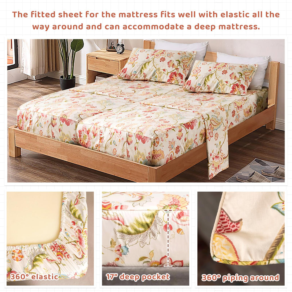 100% Egyptian Cotton Floral Sheets for Split King Size Bed, Red Yellow Flowers Plant Pattern Botanical Printed