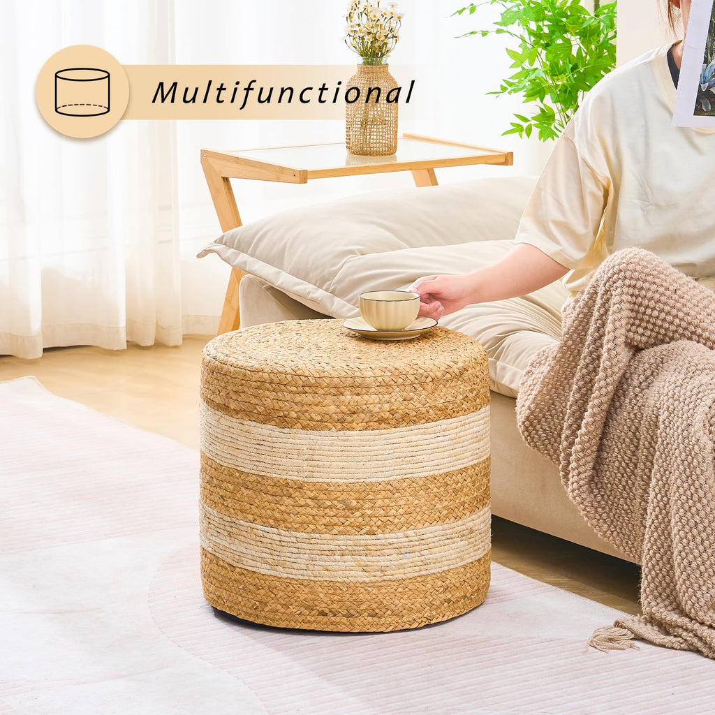 Handwoven Ottoman Pouf, Natural Water Hyacinth Footstool, Round Braided Outdoor Seat with Sturdy Frame, Boho Accent