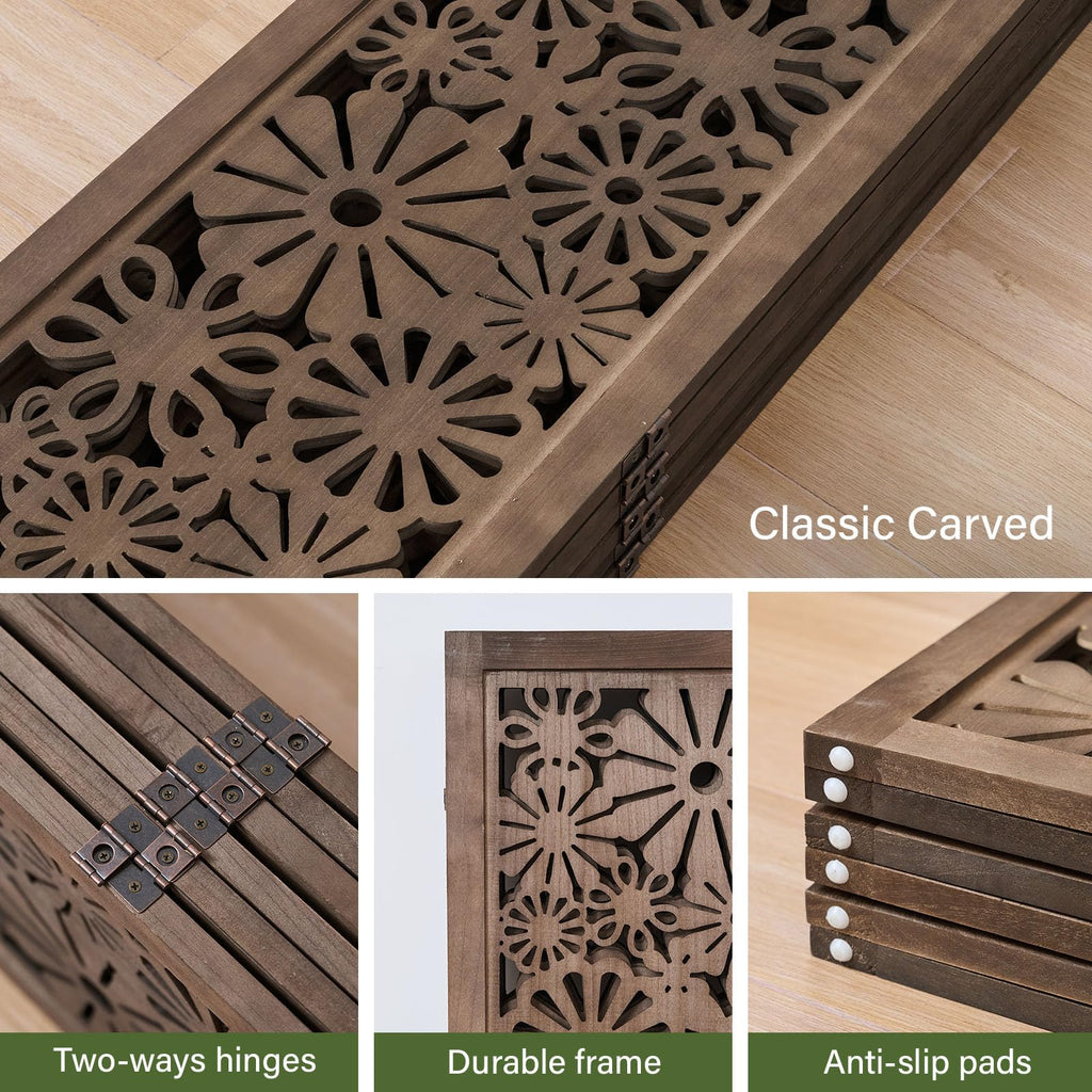 Folding Wood Room Divider Panel, 5.6 FT Tall Daisy-Carved Privacy Screen - Decorative Flower Carved Room Partition
