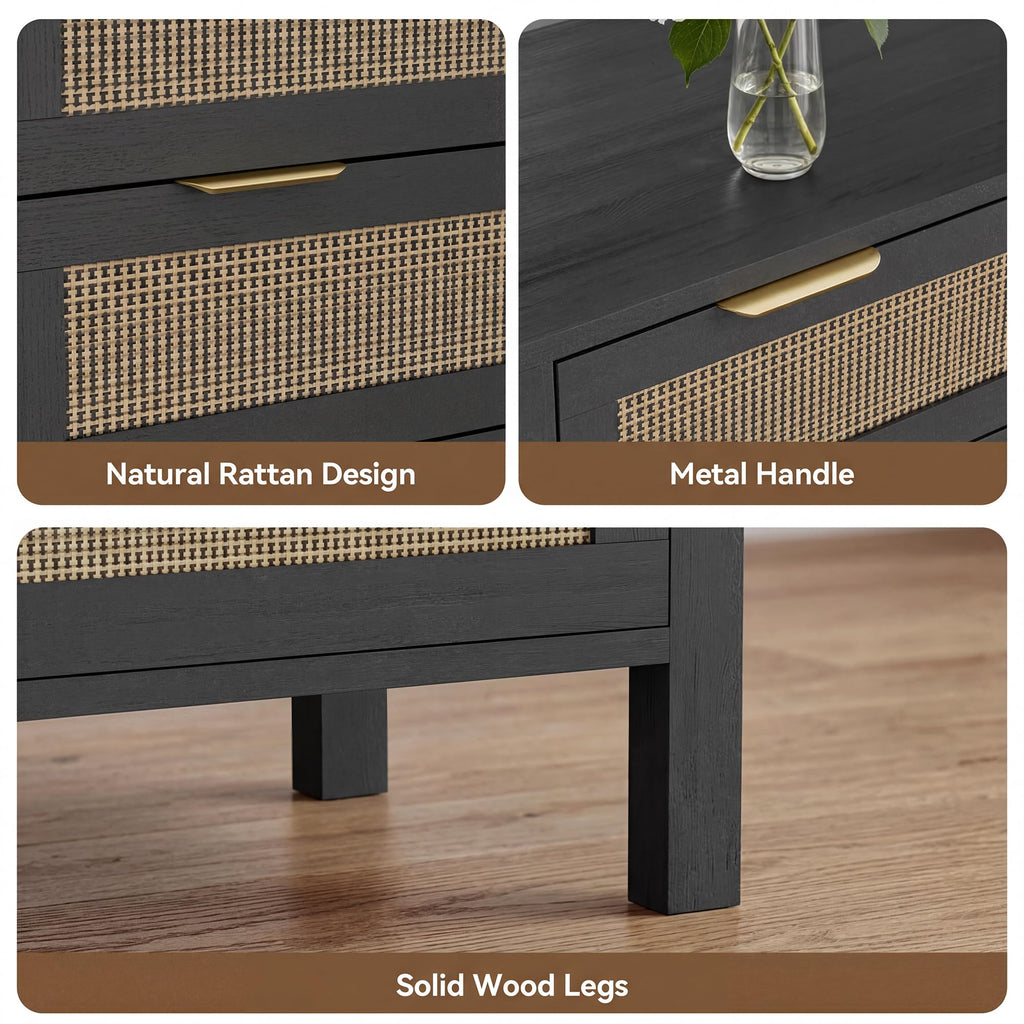 9 Drawer Dressers, Rattan Dresser with Drawers, Modern Wood Dresser with Metal Handles, Chest of Drawers (Black-9