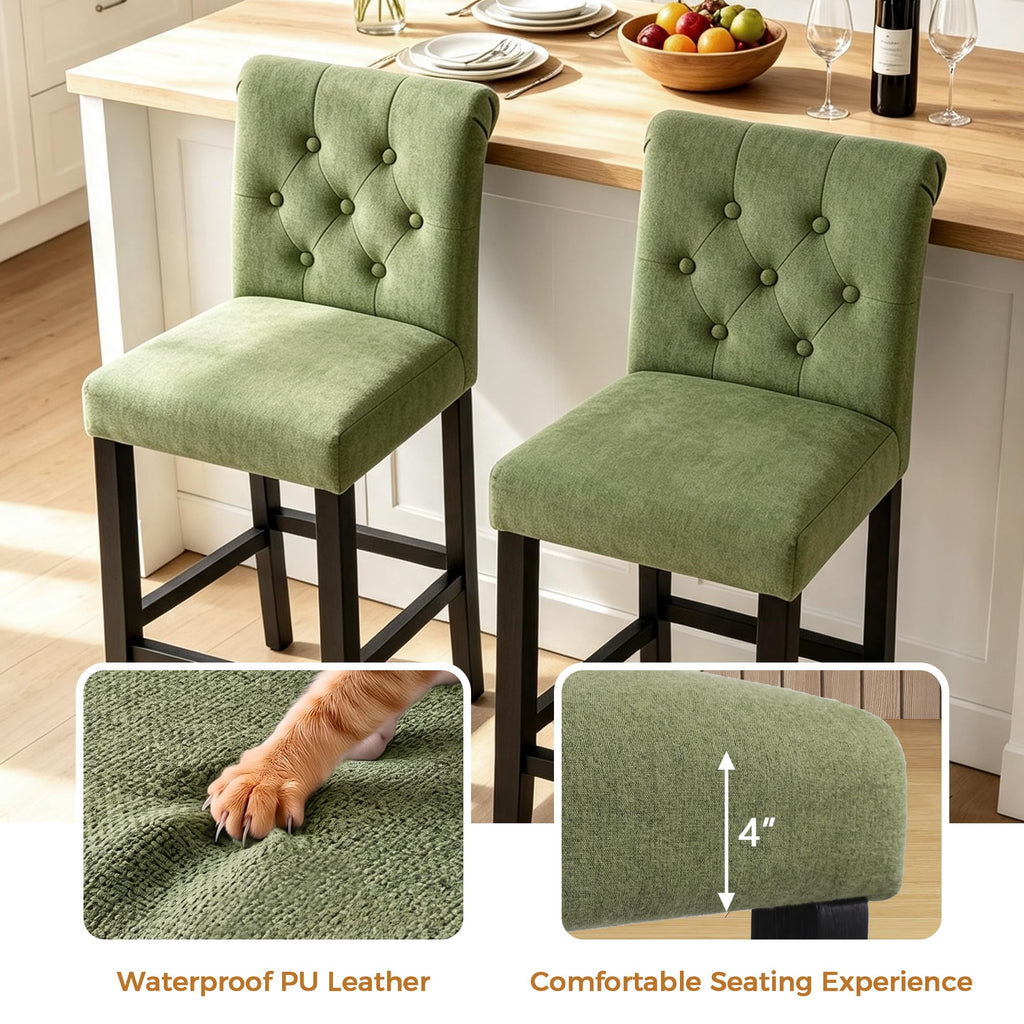 24" Barstools Set of 2, Green Bar Chairs with Button Tufted Back