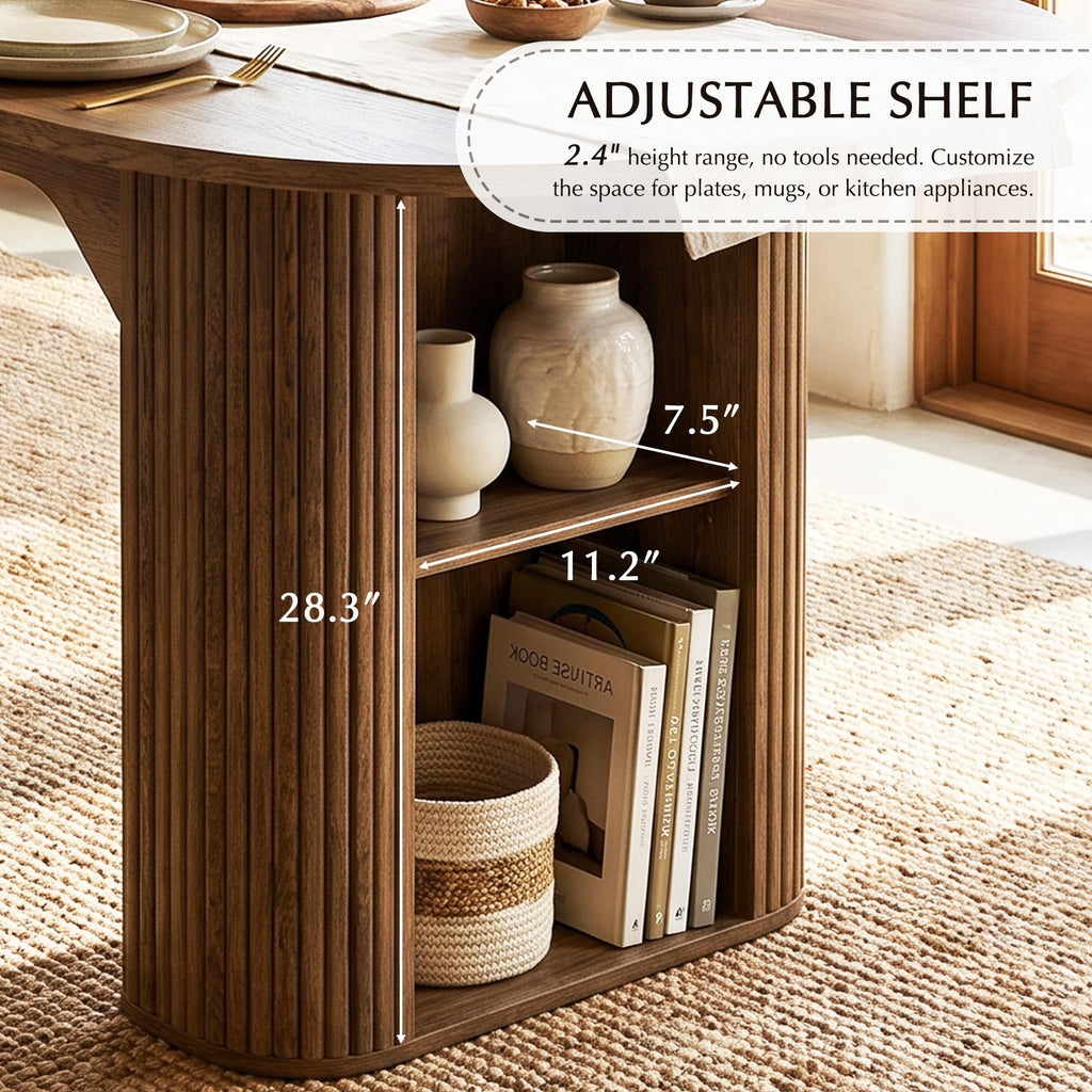 Round Extendable Dining Table, 71"-87" Oval Kitchen Table Storage, Walnut