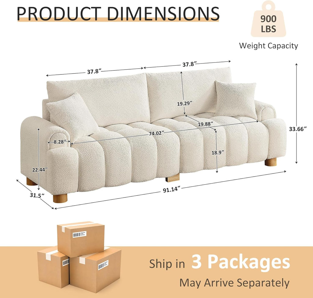 VANOMi Boucle Sofa Couch, 91" Comfy Tufted Upholstered Cloud Couches, Modern 3 Seater Sofa with Pillows
