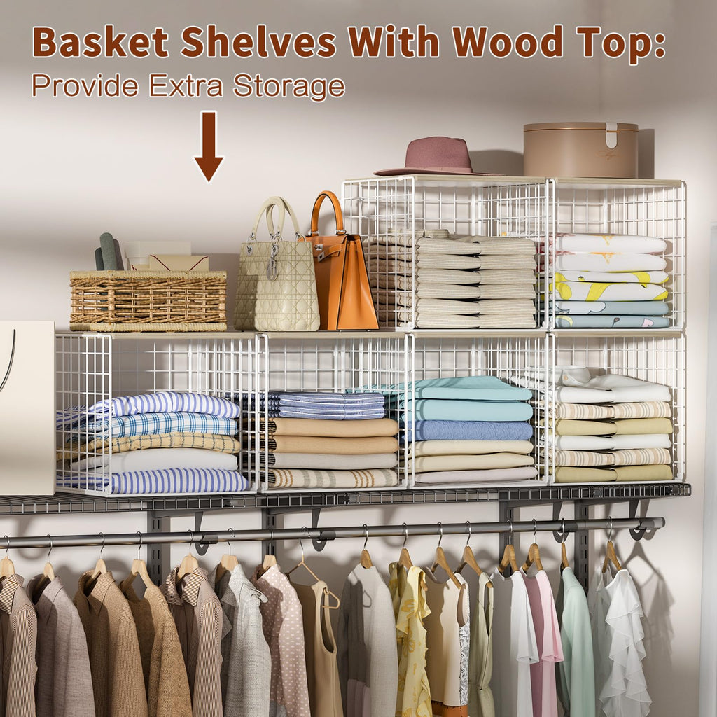 6 Pack Stackable Closet Organizer, Closet Organizers and Storage Shelves with Wood Tops, Metal Storage Bins for