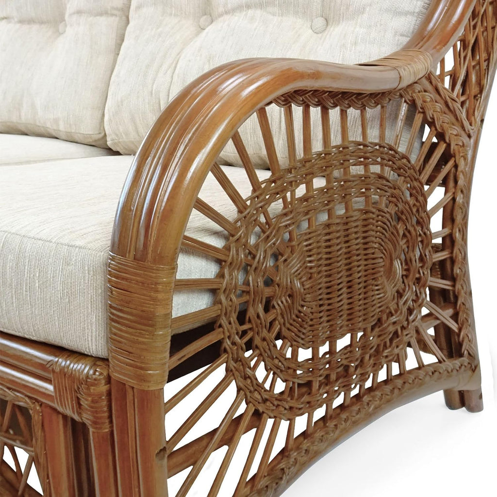 Malibu Lounge Set of 4: 2 Natural Rattan Wicker Chairs, Three-Seater Sofa with Cushions, and Coffee Table with Glass