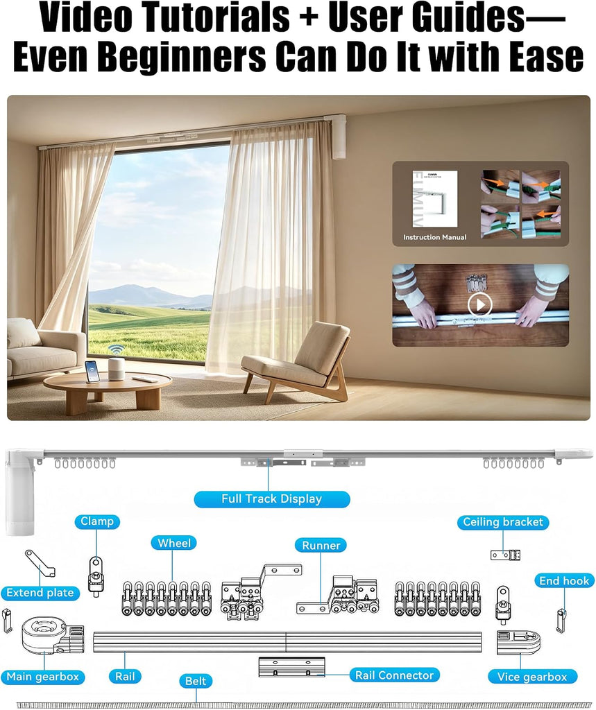 Smart Curtains System, Electric Curtain Track with Automated Rail, Motorized Curtain Rod with Remote Control, Works