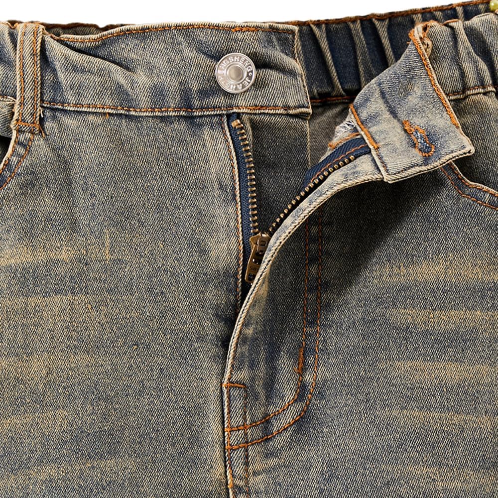 Tween Boys Jeans Retro Distressed Washed Ripped Frayed Stretch Blue Zipper Fly Denim Pants with Five Pockets