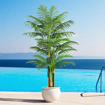 7ft Tall Triple Golden Cane Palm Artificial Tree Large Tropical Palm Tree UV Resistant Fake Plant in Pot for Indoor