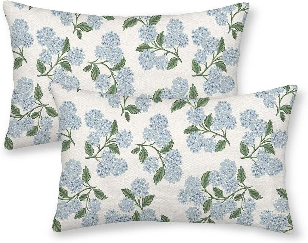 Spring Pillow Covers 12x20 Inch 2 Pcs Blue Green Hydrangea Flower Decor Throw Pillows Vintage Floral Seasonal Summer
