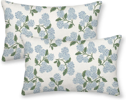 Spring Pillow Covers 12x20 Inch 2 Pcs Blue Green Hydrangea Flower Decor Throw Pillows Vintage Floral Seasonal Summer