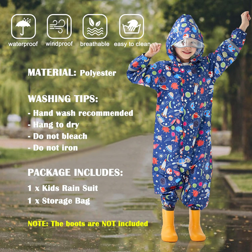 Kids Toddler Rain Suit for Boys Girls One Piece Hoodie Zipper Cartoon Waterproof Coverall Rain Jacket