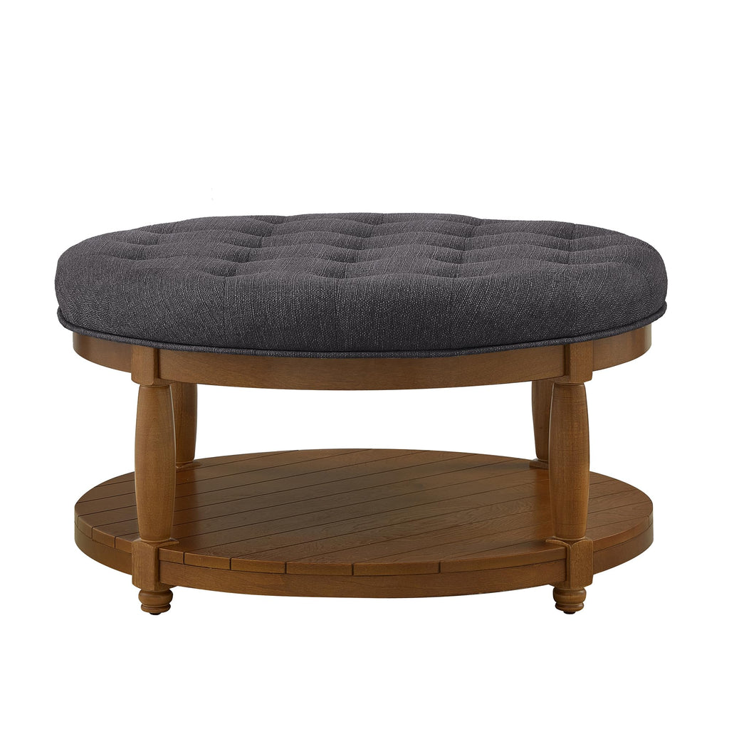 Upholstered Round Coffee Table with Wooden Shelf, Tufted Button Large Round Ottoman with Spindle Wooden Legs, Linen