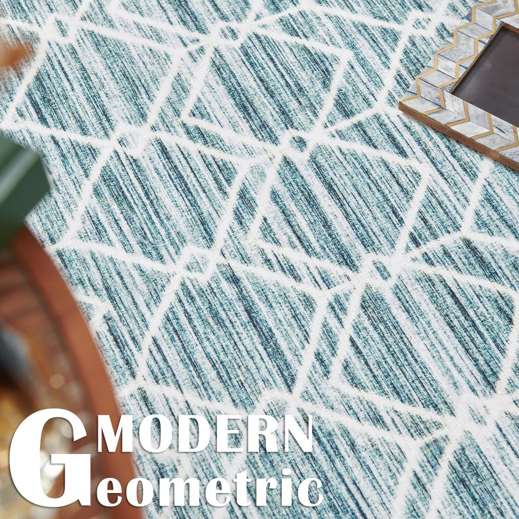 2x6 Runner Moroccan Geometric Washable Area Rug, Teal Blue