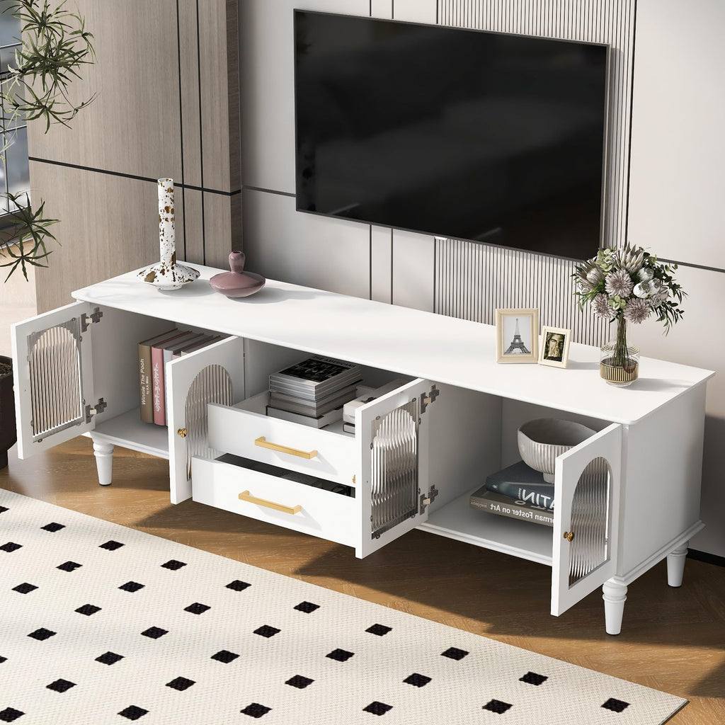 Retro TV Stand for TVs up to 75 Inches, Entertainment Center Media Console with Fluted Glass Doors and Five Solid
