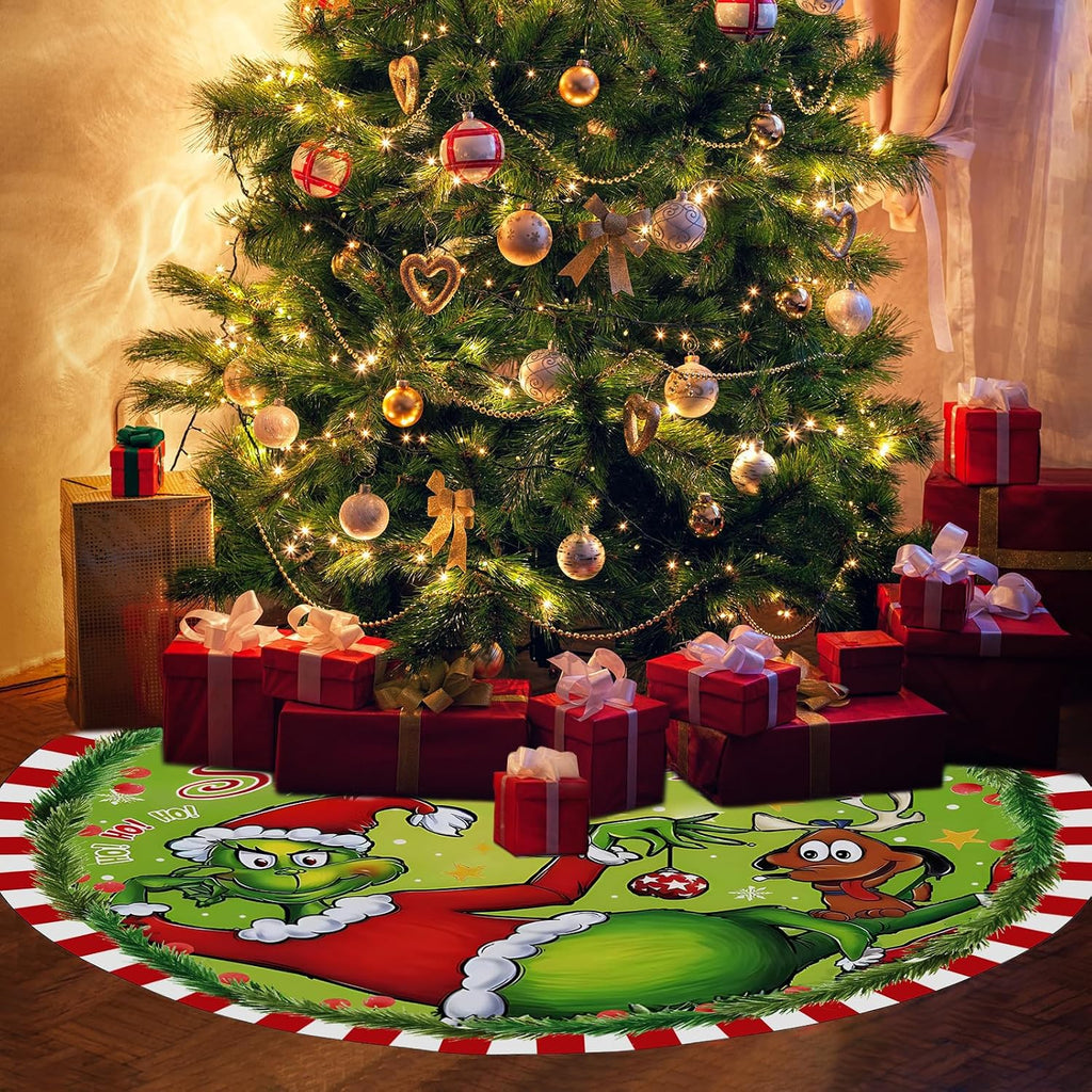 48 Inch Christmas Tree Skirt - Soft and Funny Farmhouse Christmas Tree Collar with Red & Green Trim Decor Xmas
