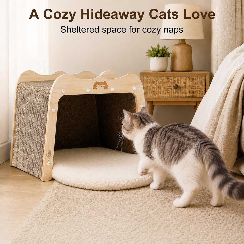 Cat Scratcher Bed and Solid Wood Cardboard Cat House for Indoor Cats
