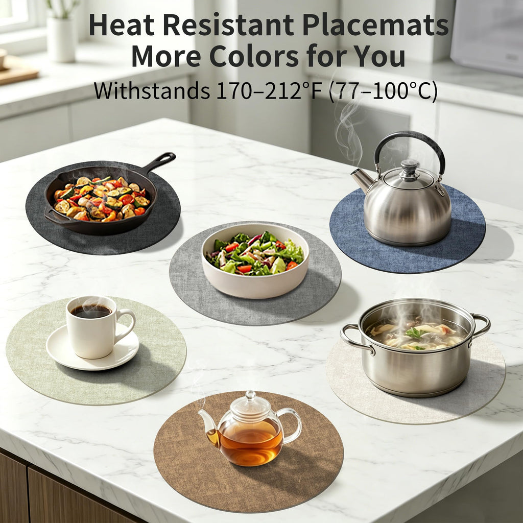 Faux Leather Round Placemats Set of 6, 13.8 inch, Beige