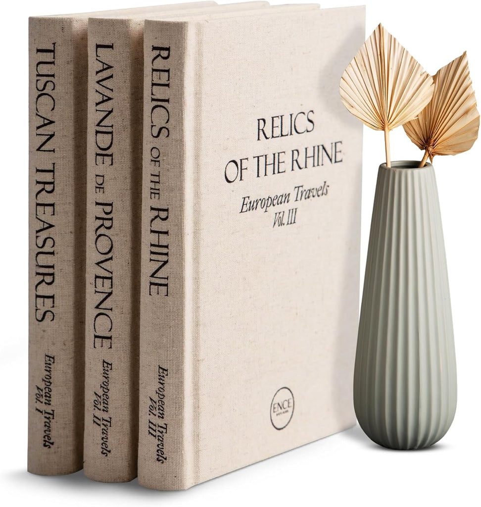 Ence Designs Decorative Books Decor Real Blank Pages Inside Set of 3 Designer-Inspired Faux Books with Beige Linen