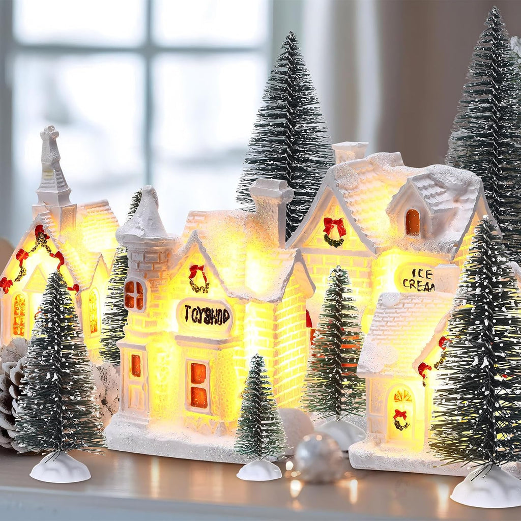 26 Pcs Christmas Winter Village Set, Cute, 8 LED Houses Trees Snow