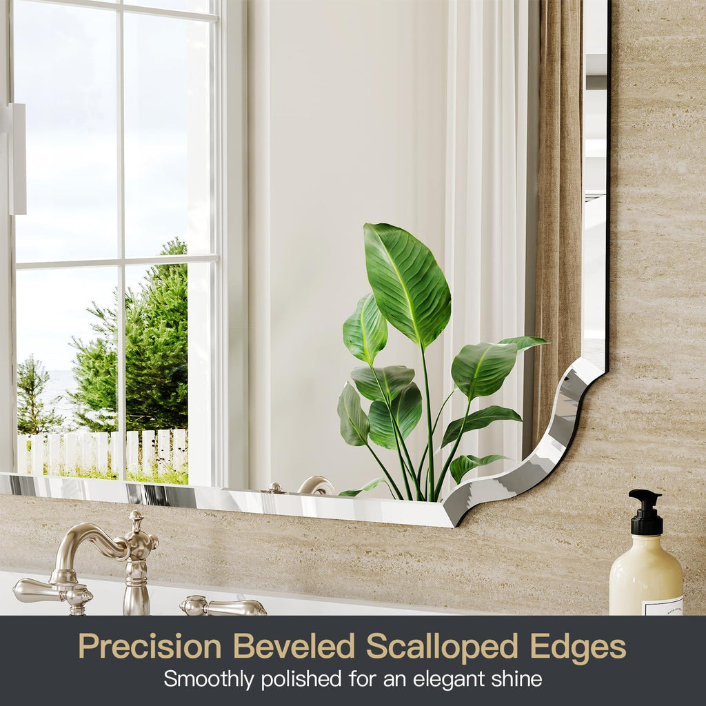Beveled Scalloped Frameless Bathroom Mirror, 24" x 36" Beveled Bathroom Mirrors with Rectangle Shaped, Frameless
