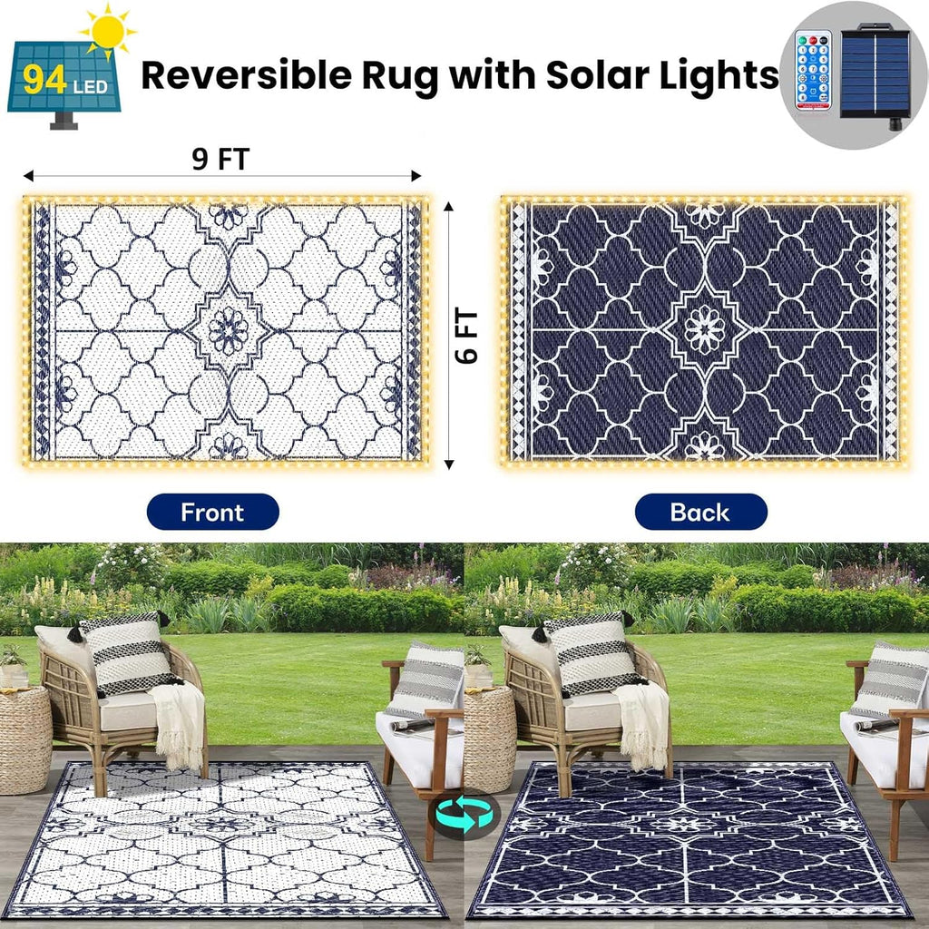 Outdoor Rug, Solar Powered Outdoor Rug with 94LEDs Strip Lights Deck, Waterproof Plastic Reversible Outdoor