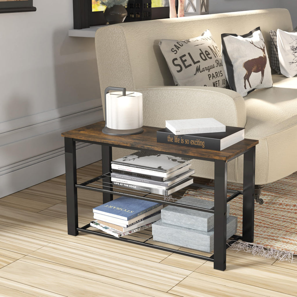 Wooden Top Shoe Rack Bench, Rustic Brown