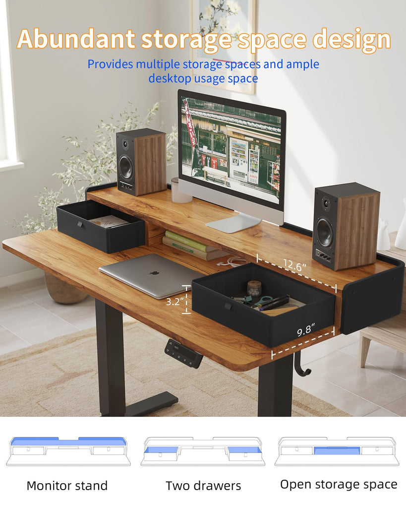 Electric Standing Desk with Drawers, 48 x 24 Inches Adjustable Desk with Storage Shelf, Stand Up Desk with Splice