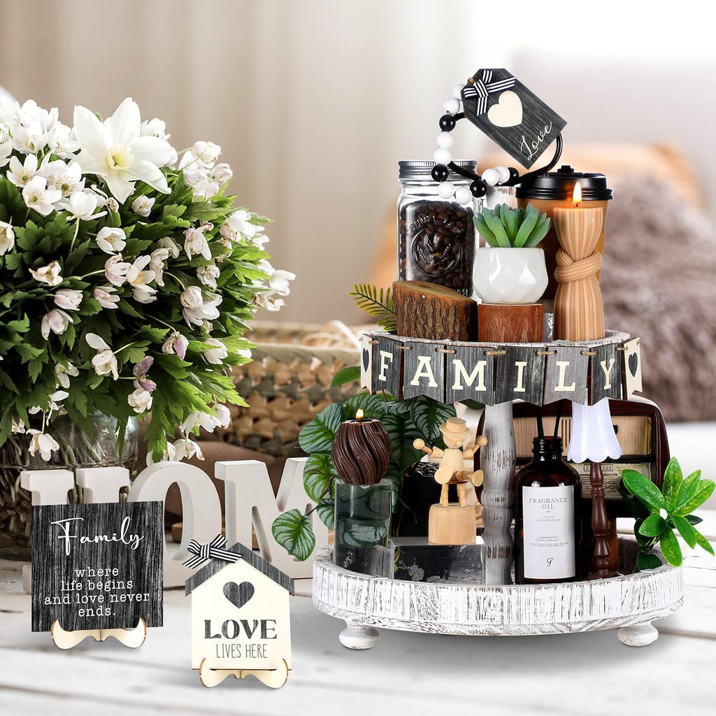 Farmhouse Tiered Tray Decor Home Wooden Signs Rustic Home Tiered Tray Decorations Sweet Vintage House Tabletop - Set of 18