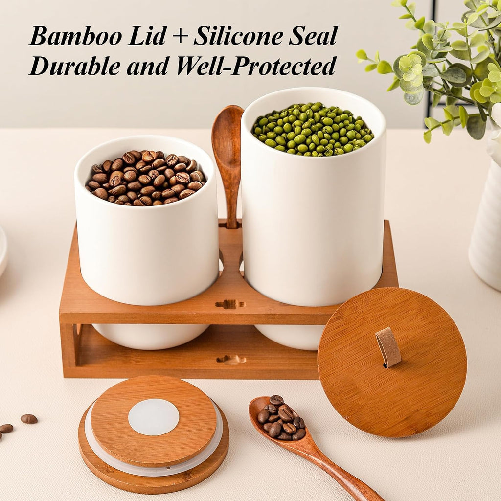 White Ceramic Canister with Bamboo Lids, Wooden Stand & Spoons - 35oz & 28oz Airtight Food Storage Jars - Set of 2