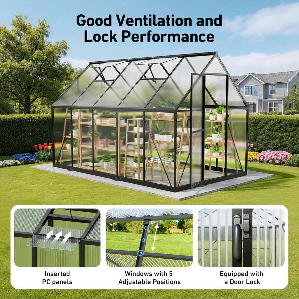 6x10FT Greenhouse with Hygrometer, Windproof Warm Plant Green Houses