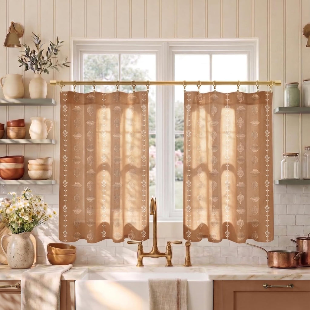 Boho Farmhouse Kitchen Curtain,Rustic Style Terracotta Western Curtains for Bedroom Living Room,Sets of 2 Panels,36