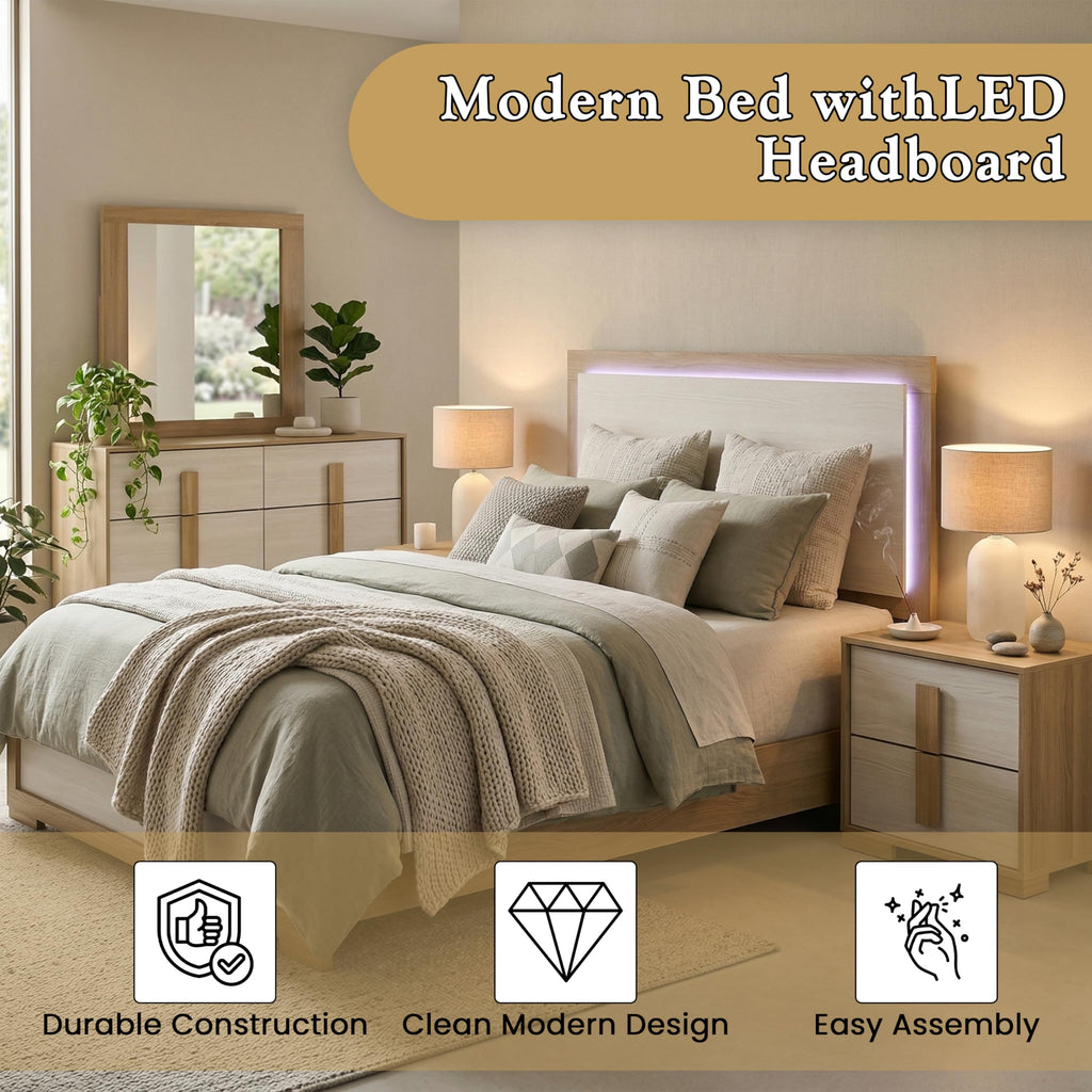 6-Piece Natural/White Bedroom Set - Bed with LED Lights, Dresser, Mirror, Chest and 2 Nightstands (Queen)