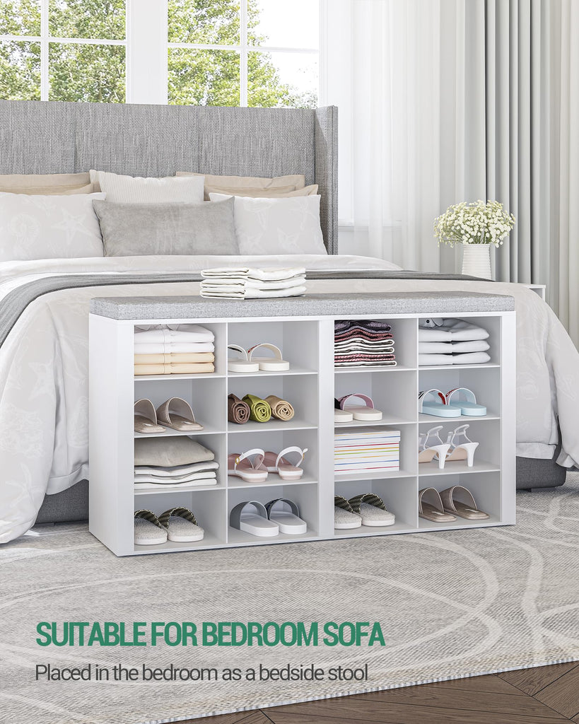 Shoe Storage Bench with Cushion, Entryway 16-Cubby Shoe Rack