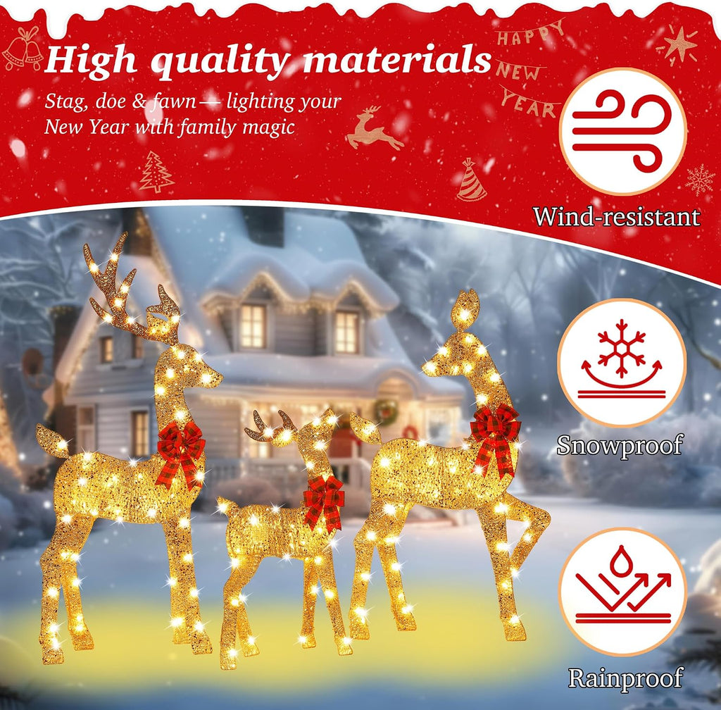 48 Inch 2.5D Gold Lighted Christmas Deer Decorations 3-Piece Outdoor Holiday Decorations Reindeer Set with 145 Warm
