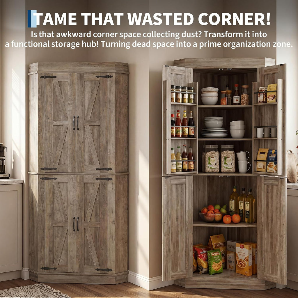 Farmhouse 71"Tall Corner Bar Cabinet,Heavy Duty Corner Kitchen Pantry Cabinet with 4 Doors&Shelves,Freestanding L