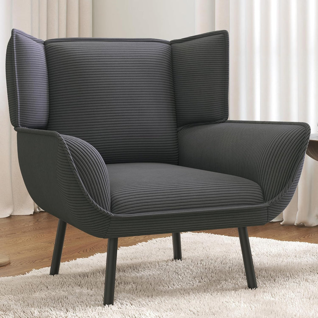 Corduroy Wingback Accent Chair, High Back Armchair with Deep Seat, Gray | Classic Wingback Style, 32D High-Resilience