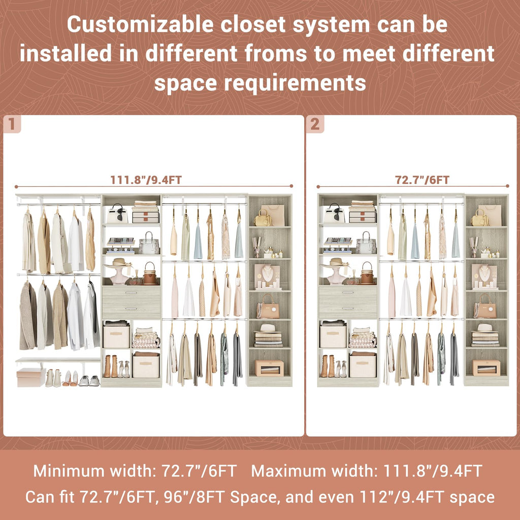 Closet System - 9.4FT/112" Closet Organizer System with Wooden Drawers,Closet Systems for Walk-In Closets with Hang