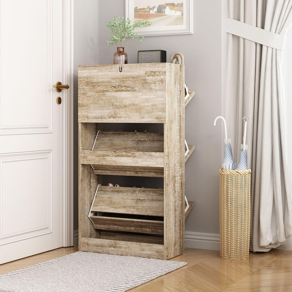 Small Shoe Cabinet with 3 Flip Drawers, Slanted Surface, Light Brown