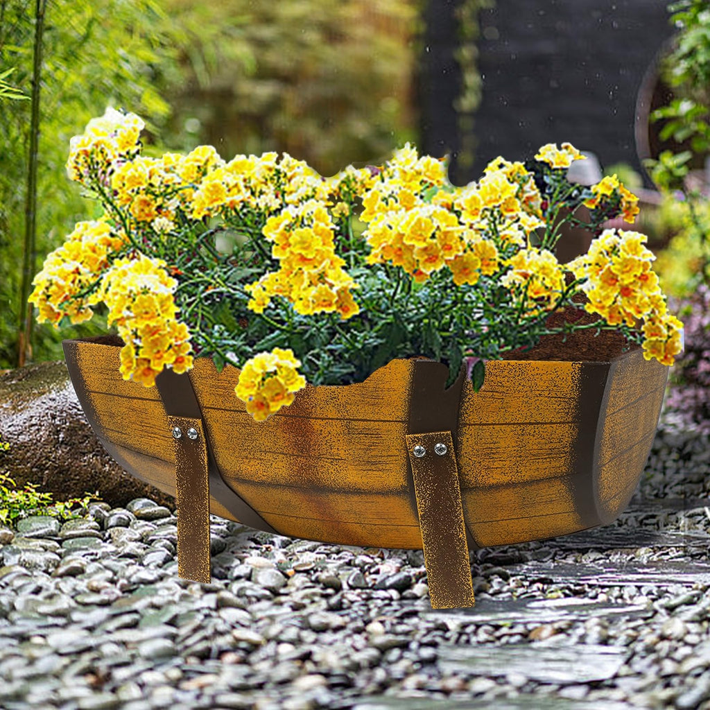 15.43In 2 Pack Rustic Barrel Planters, Decorative Outdoor Garden Backyard Planter with Legs, Metal Flower Pot Half